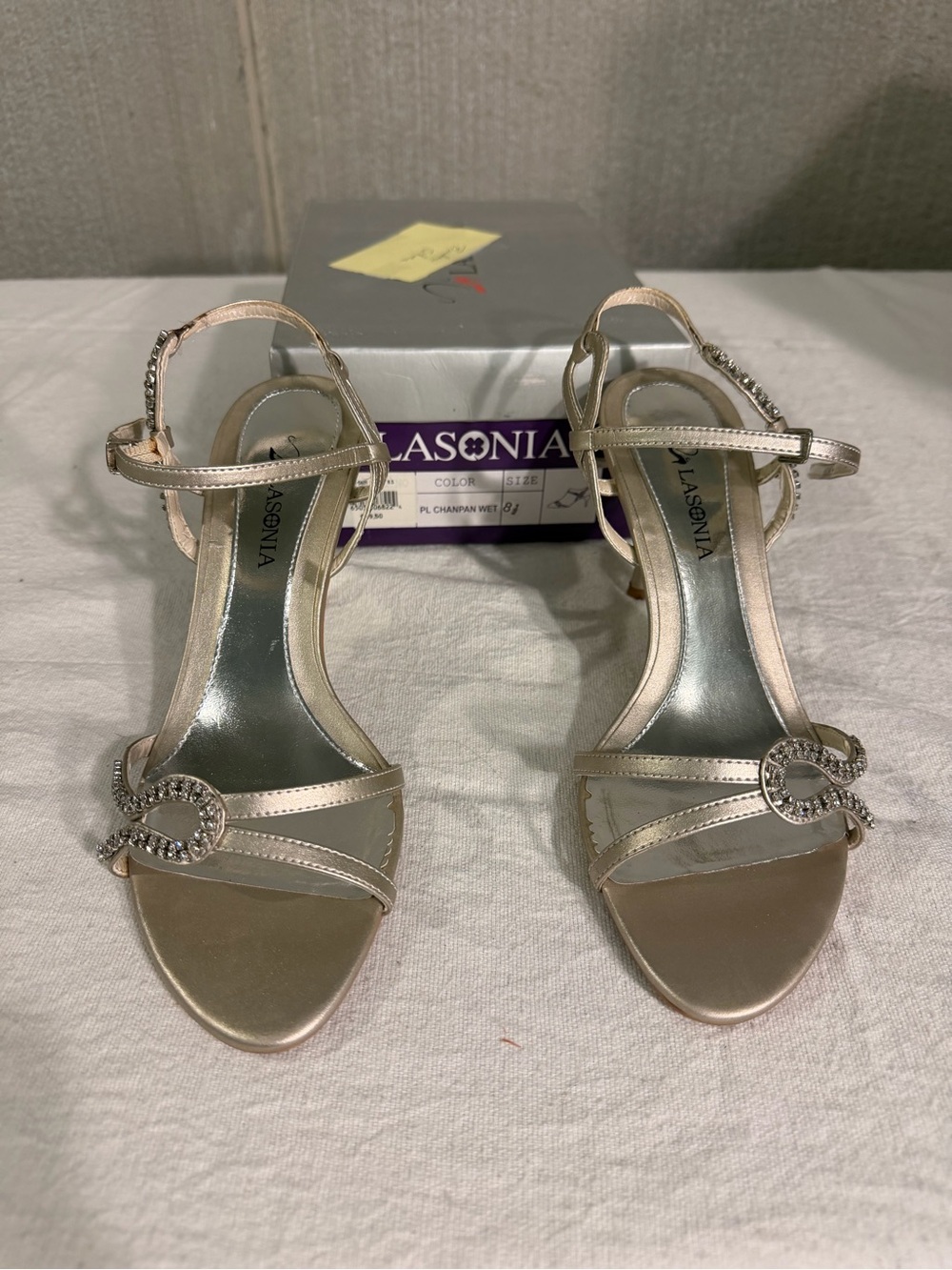 Alasconia Champagne Satin T-Strap Heeled Sandals with Crystal Buckle